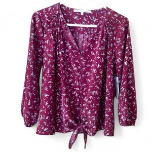 Collective Concepts Floral Tie Hem Blouse Small Maroon Cottagecore Boho NWT